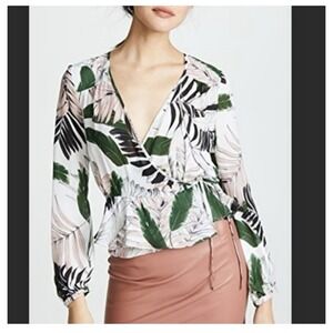 Milly Kia Wrap Tropical Print Silk Wrap Blouse Pink Green Size 8 Summer Beach‎